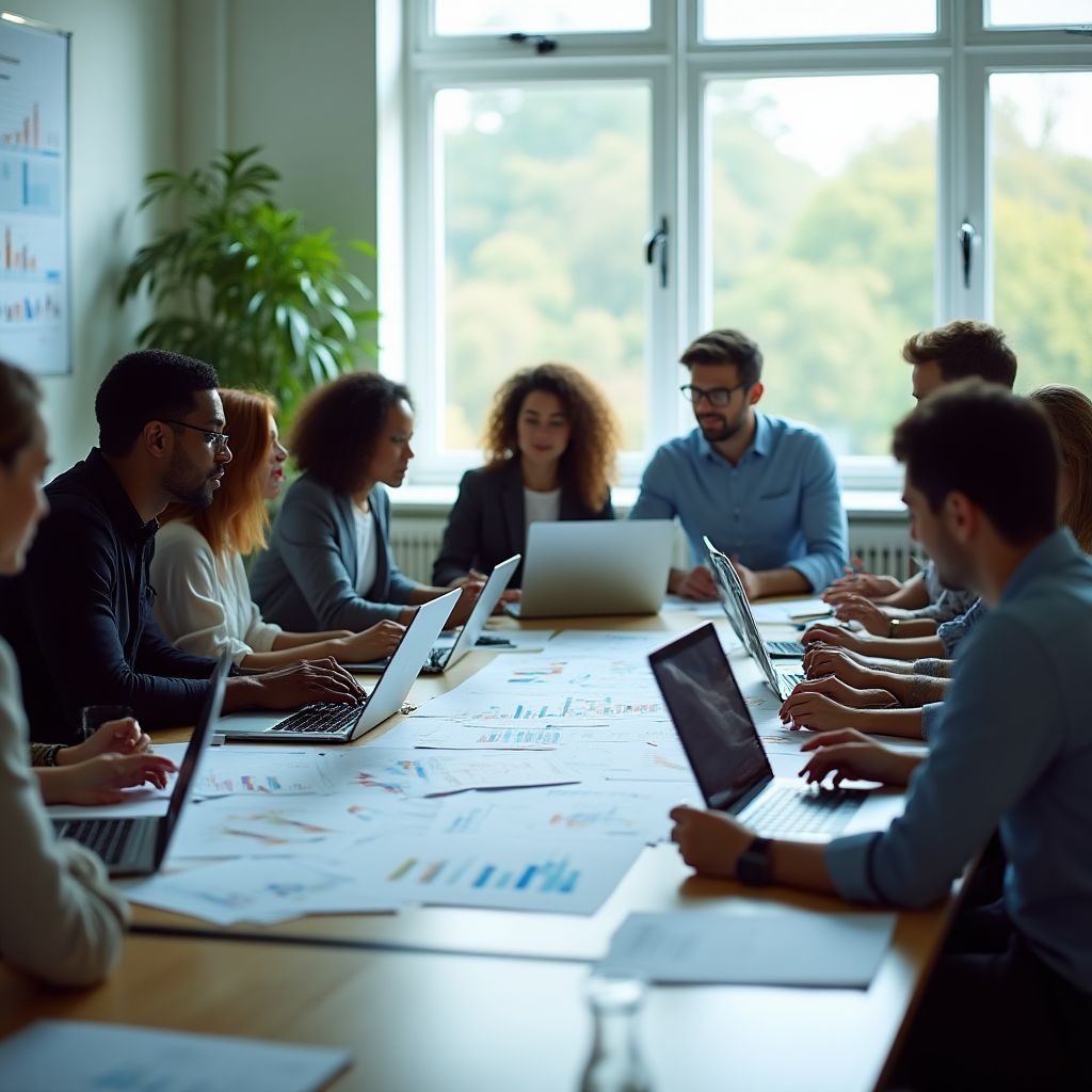 Un equipo de profesionales financieros colaborando en una oficina moderna.
